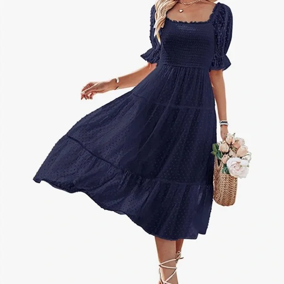 navy blue swiss dot dress Navy V Neck Short Sleeve Swiss Dot Tiered Midi Dress